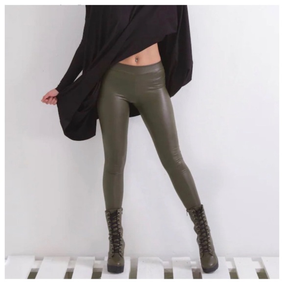 Olive Faux Leather high waist leggings Sz S/M - Picture 1 of 5